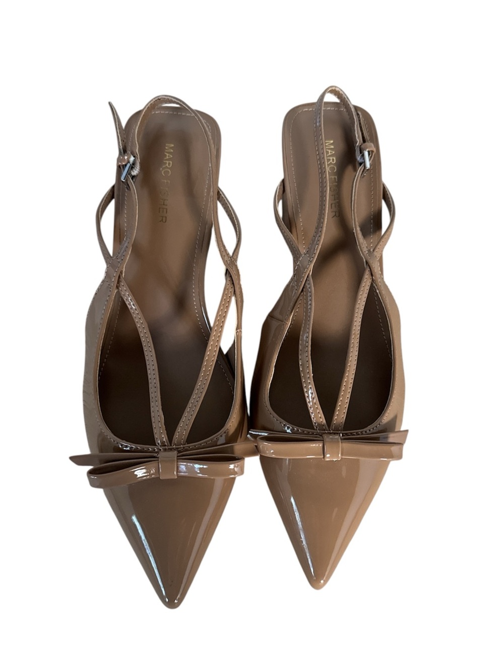 Marc Fisher Nude Patent Pointed-Toe Slingback Heels with Bow